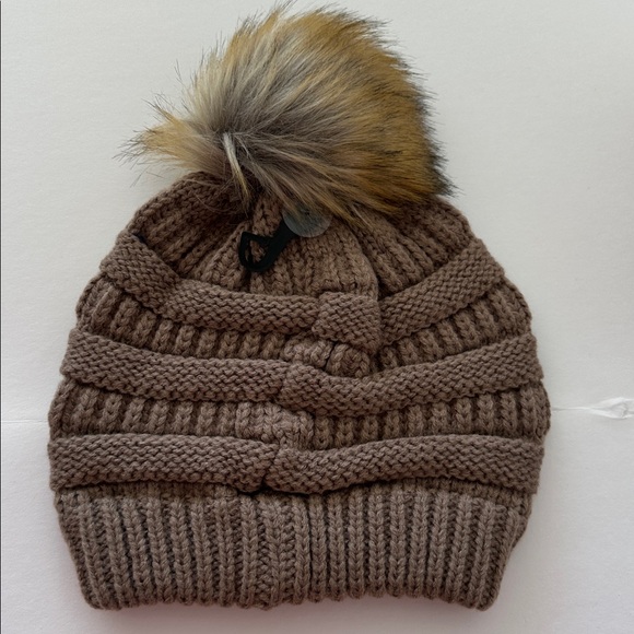 C.C Brown Knit Beanie with Faux Fur Pom - Picture 7 of 8
